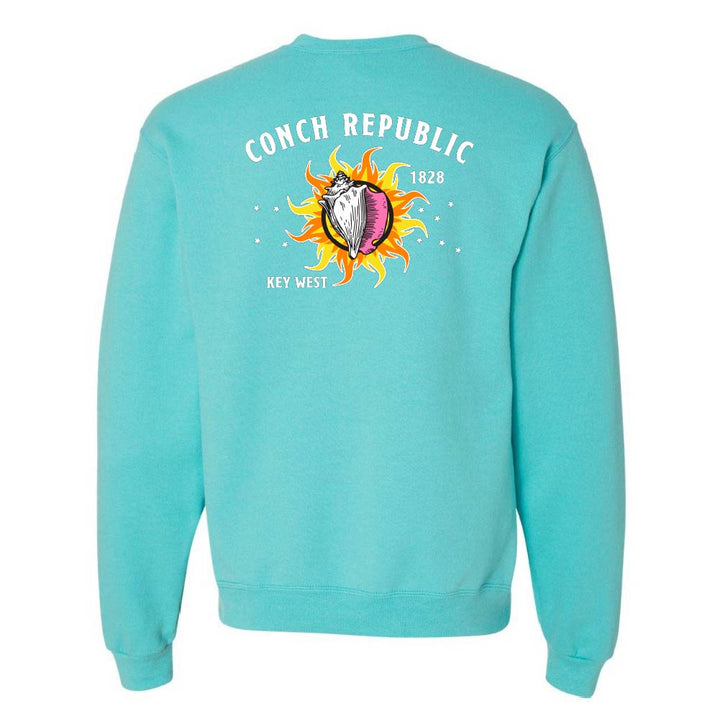 Turquoise sweatshirt with 'Conch Republic' design on the back against a white background