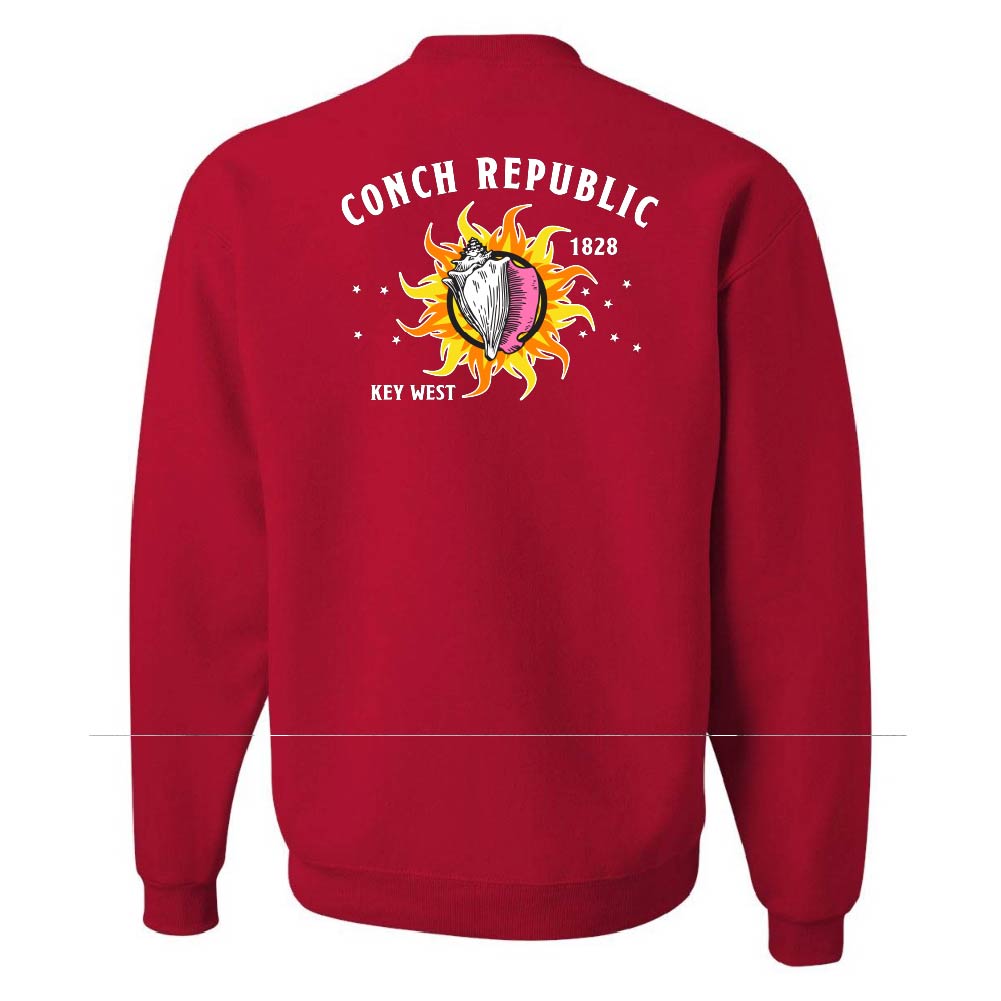 Red sweatshirt with 'Conch Republic 1828 Key West' design on the back against a white background
