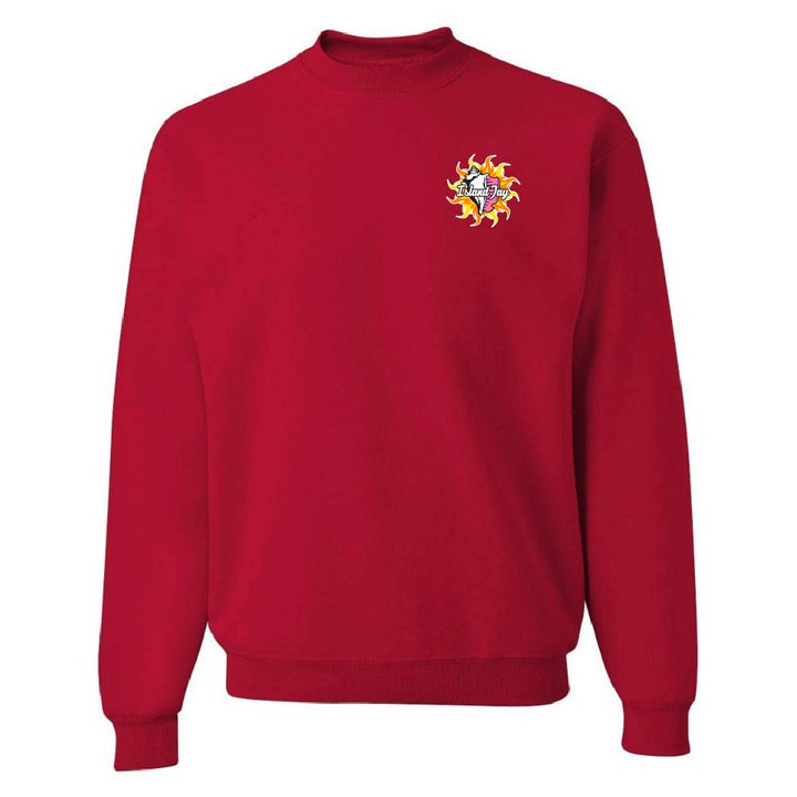 Red sweatshirt with a logo on the chest against a white background