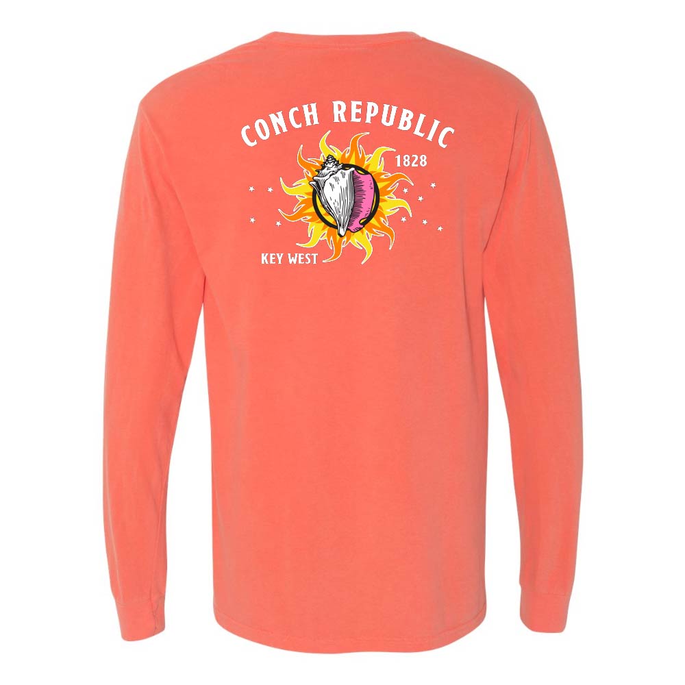 Light orange/red long-sleeve shirt with a Key West Conch Republic Flag graphic.