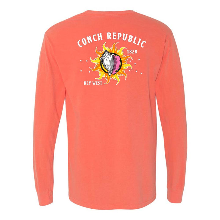 Light orange/red long-sleeve shirt with a Key West Conch Republic Flag graphic.
