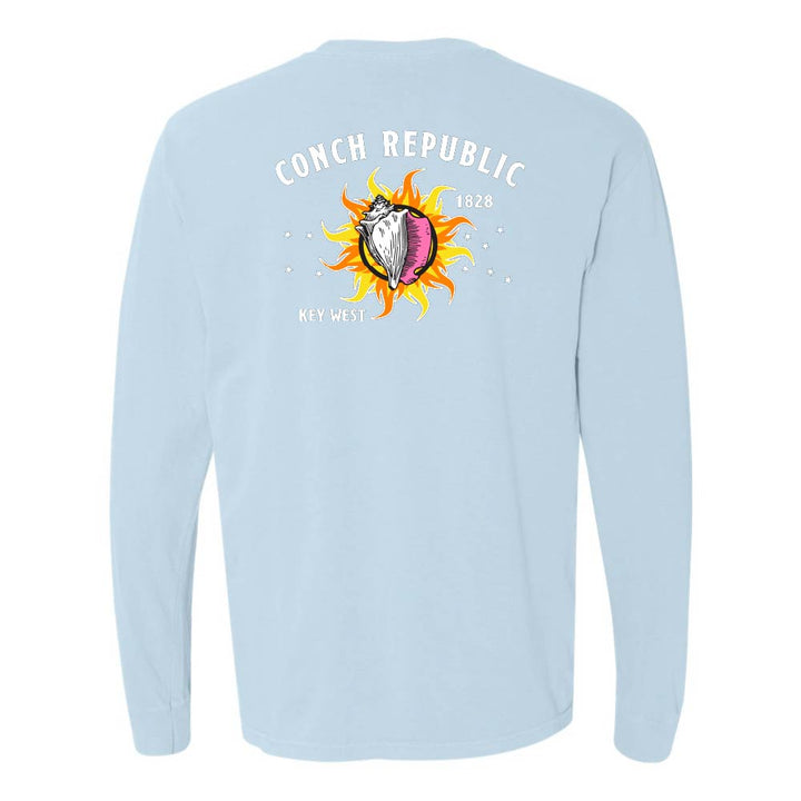 Light Blue long-sleeve shirt with a Key West Conch Republic Flag graphic.