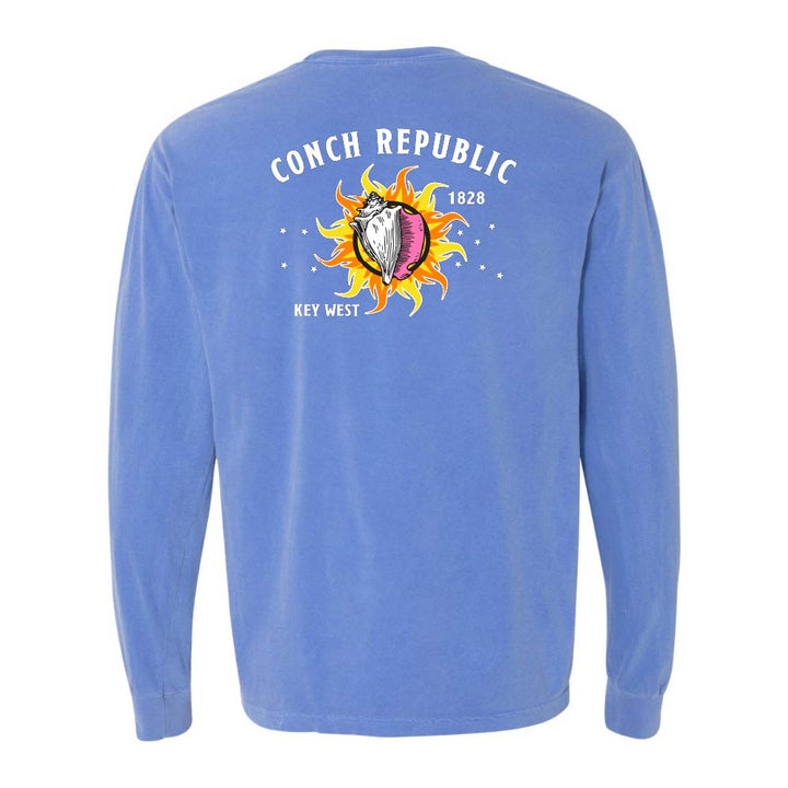 Blue long-sleeve shirt with a Key West Conch Republic Flag graphic.