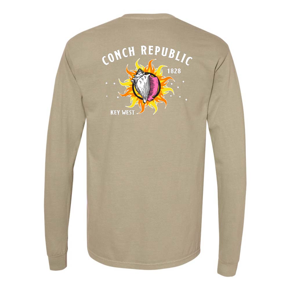 Khaki long-sleeve shirt with a Key West Conch Republic Flag graphic.