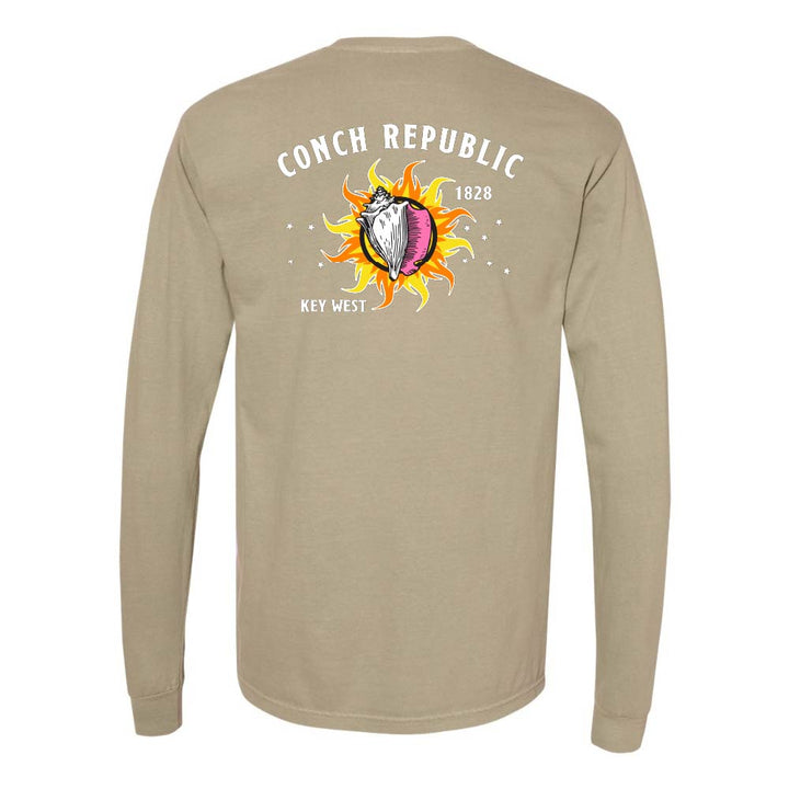 Khaki long-sleeve shirt with a Key West Conch Republic Flag graphic.
