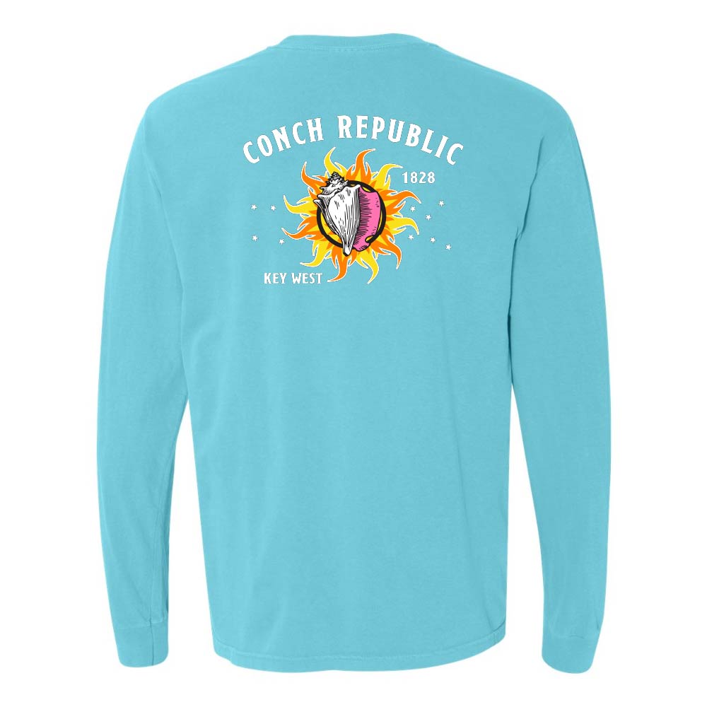 Light blue long-sleeve shirt with a Key West Conch Republic Flag graphic.