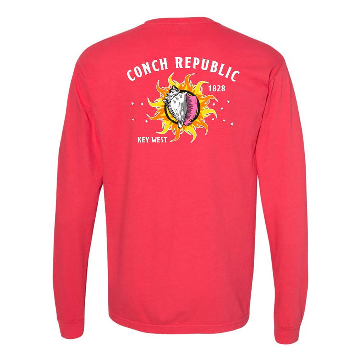 Red long-sleeve shirt with a Key West Conch Republic Flag graphic.