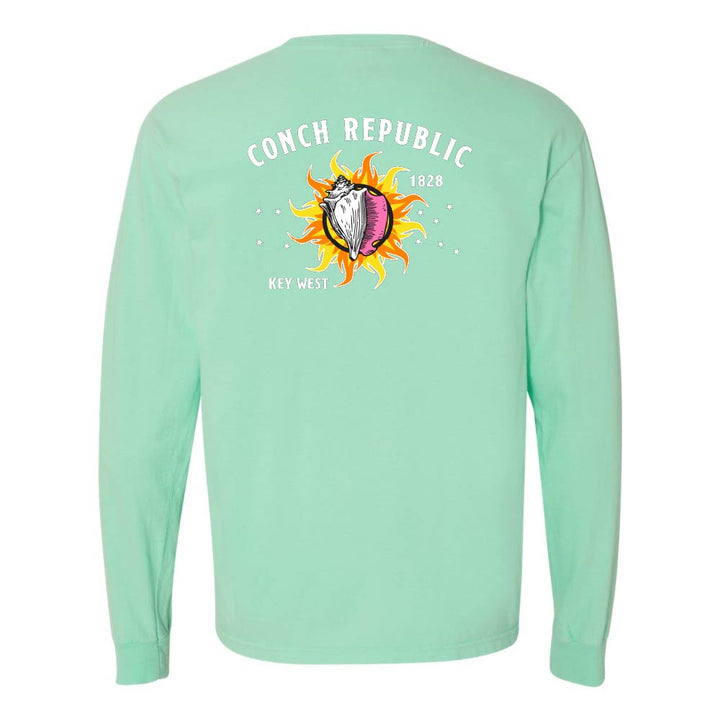 Mint green long-sleeve shirt with a Key West Conch Republic Flag graphic.