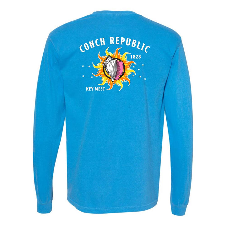 Blue long-sleeve shirt with a Key West Conch Republic Flag graphic.
