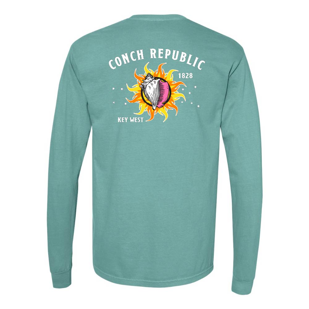 Teal long-sleeve shirt with a Key West Conch Republic Flag graphic.