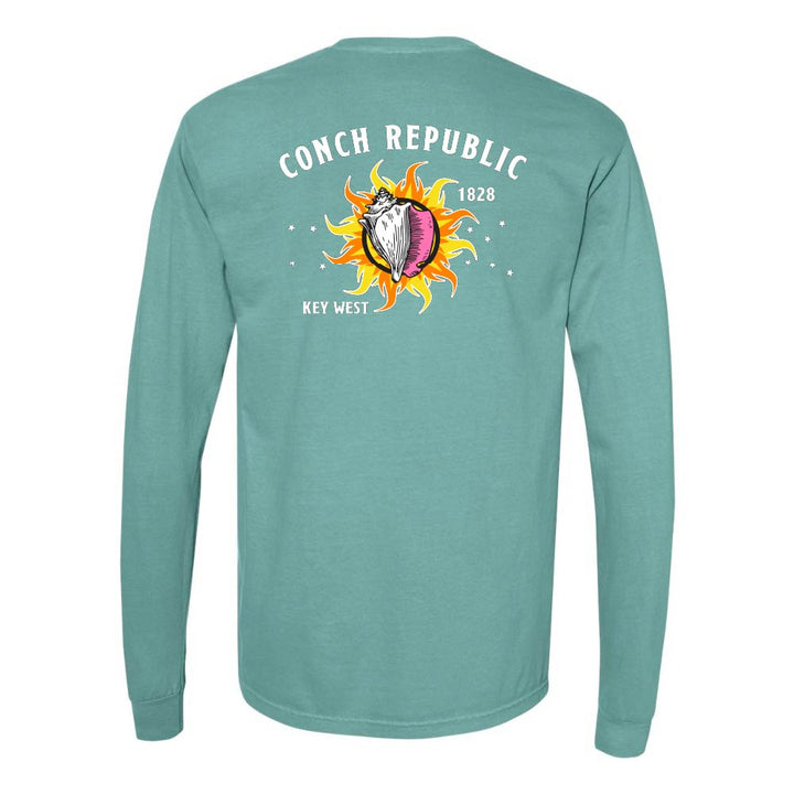 Teal long-sleeve shirt with a Key West Conch Republic Flag graphic.