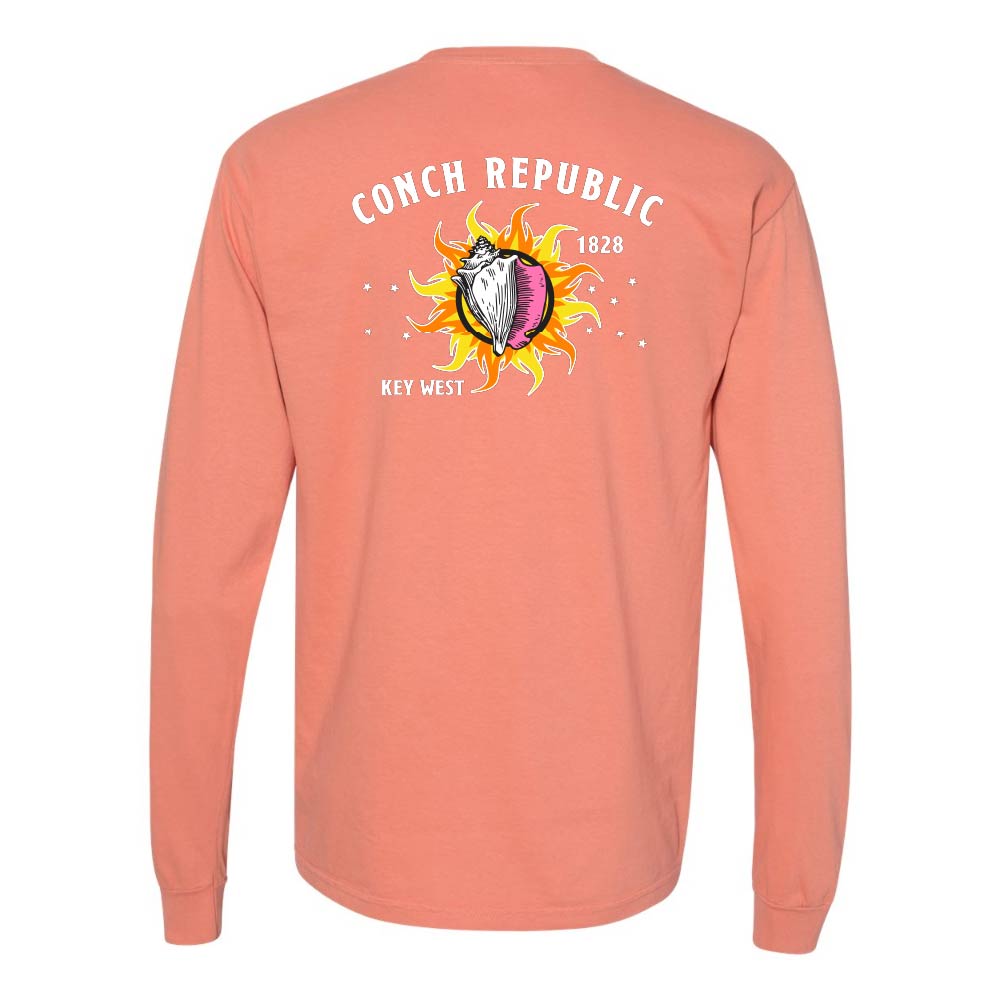 Light orange long-sleeve shirt with a Key West Conch Republic Flag graphic.