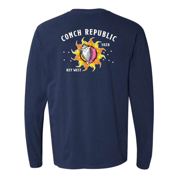 Navy blue long-sleeve shirt with a Key West Conch Republic Flag graphic.