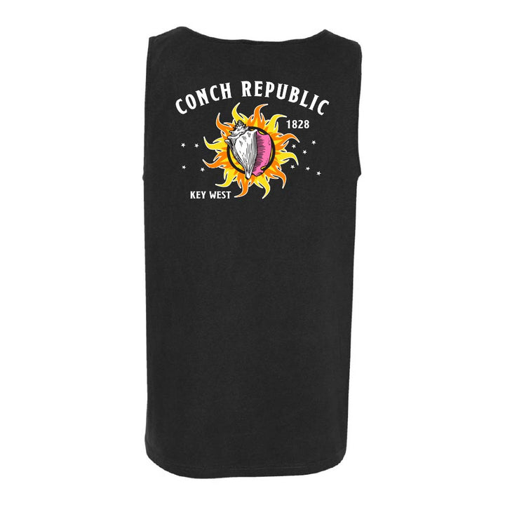 Black tank top with 'Conch Republic' graphic design.