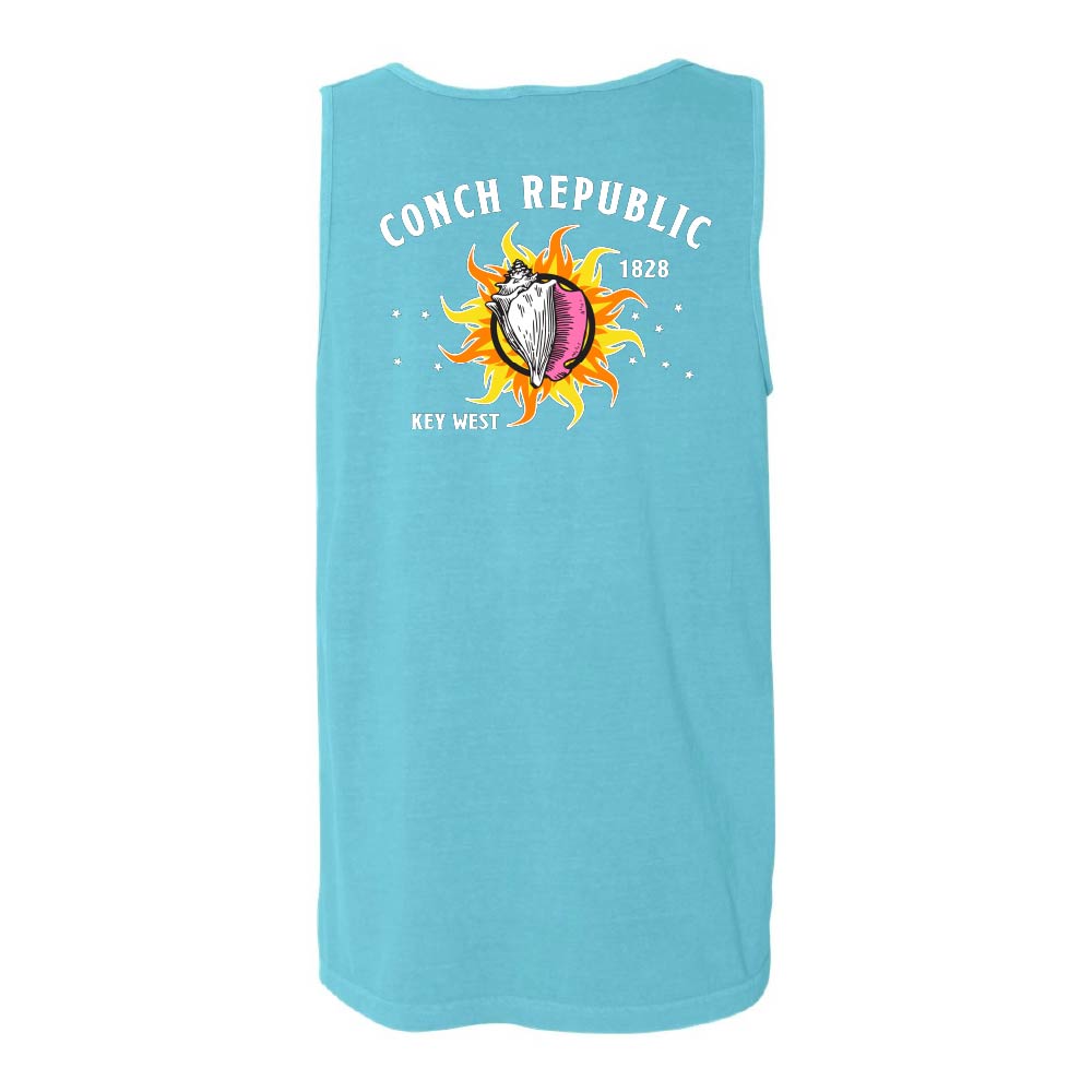 Blue tank top with 'Conch Republic' graphic design.