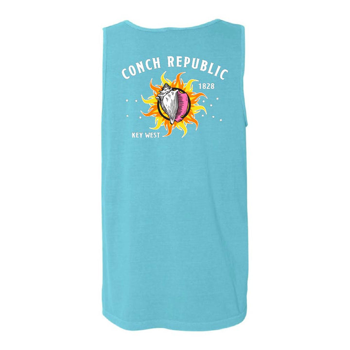 Blue tank top with 'Conch Republic' graphic design.