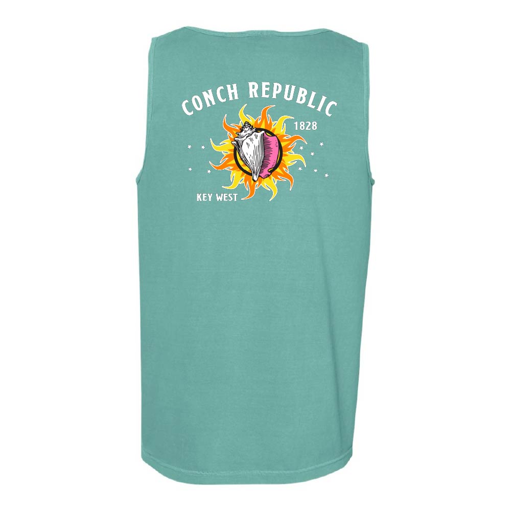 Teal tank top with 'Conch Republic' graphic design.