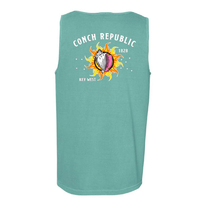 Teal tank top with 'Conch Republic' graphic design.