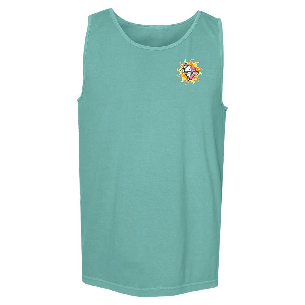 Teal tank top with colorful Conch graphic design on the chest.