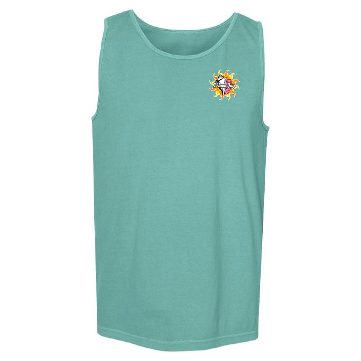 Teal tank top with colorful Conch graphic design on the chest.