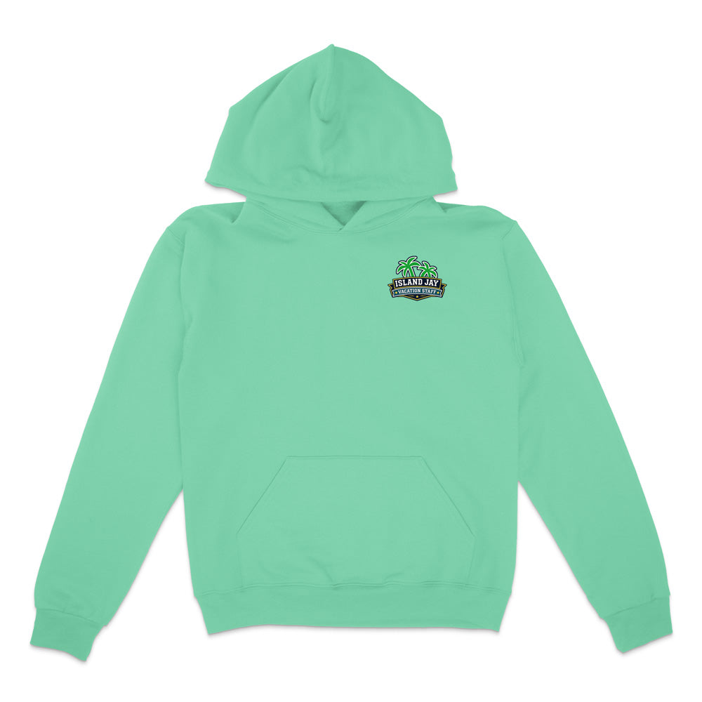 A mint green pullover hoodie with a small 'Star Jet Transportation' logo printed on the left chest, displayed on a clean white background.