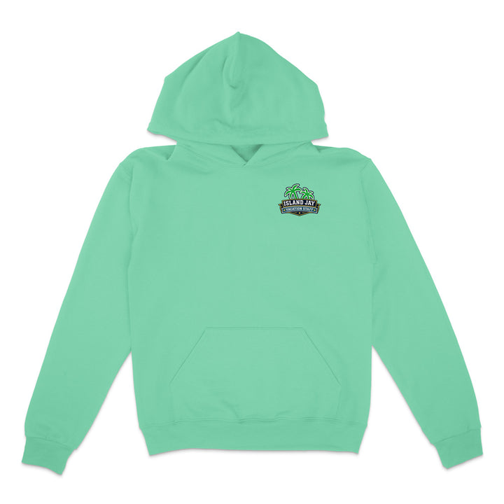 A mint green pullover hoodie with a small 'Star Jet Transportation' logo printed on the left chest, displayed on a clean white background.