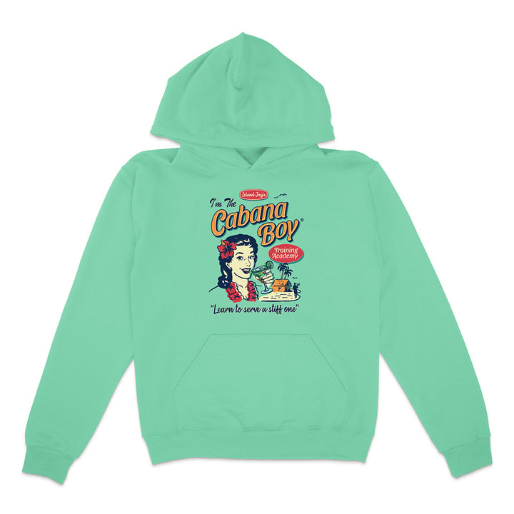 Mint green hoodie with vintage beach graphic and text reading "I'm The Cabana Boy Training Academy - Learn to serve a stiff one" on a white background.