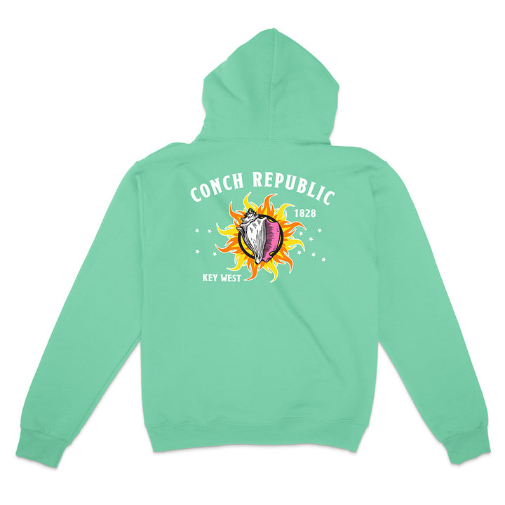 Mint green Hoodie with Key West Flag Graphic text reading "Conch Republic Key West 1828" on a white background.