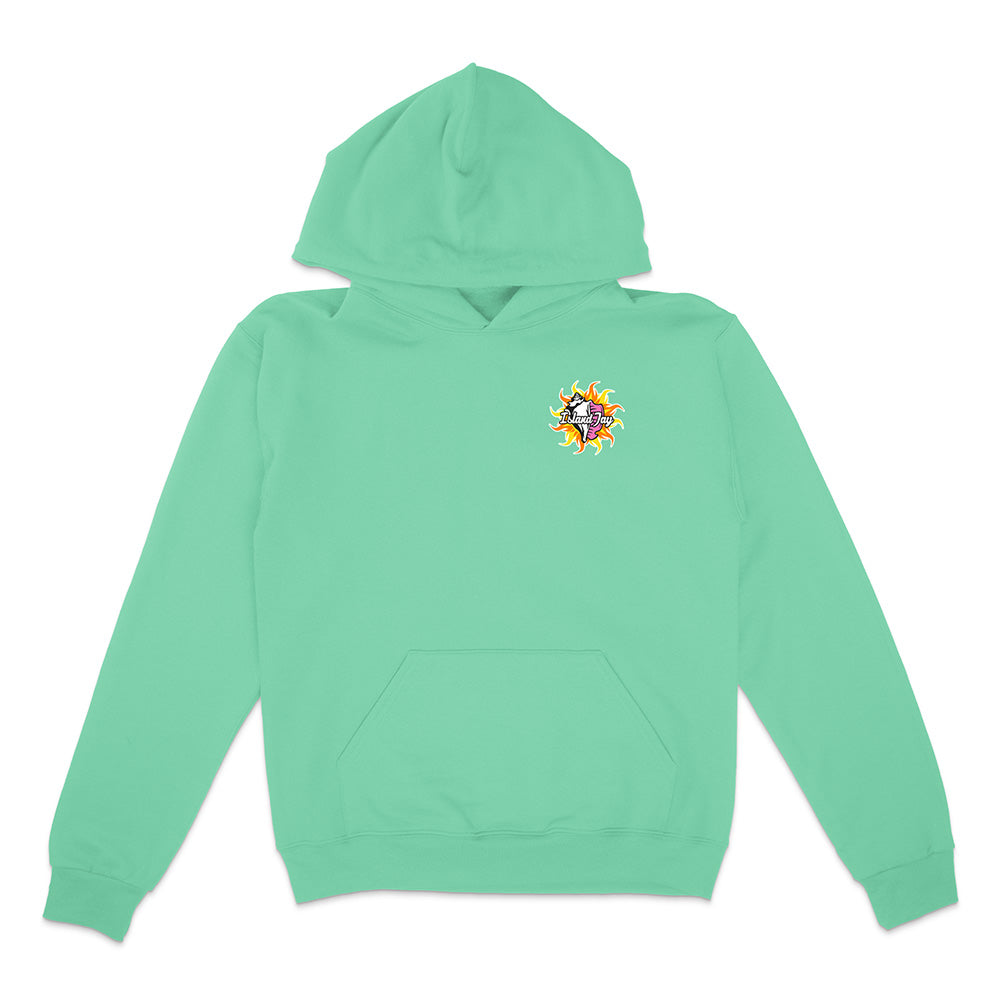 Mint green Hoodie with colorful conch on the chest on a white background.