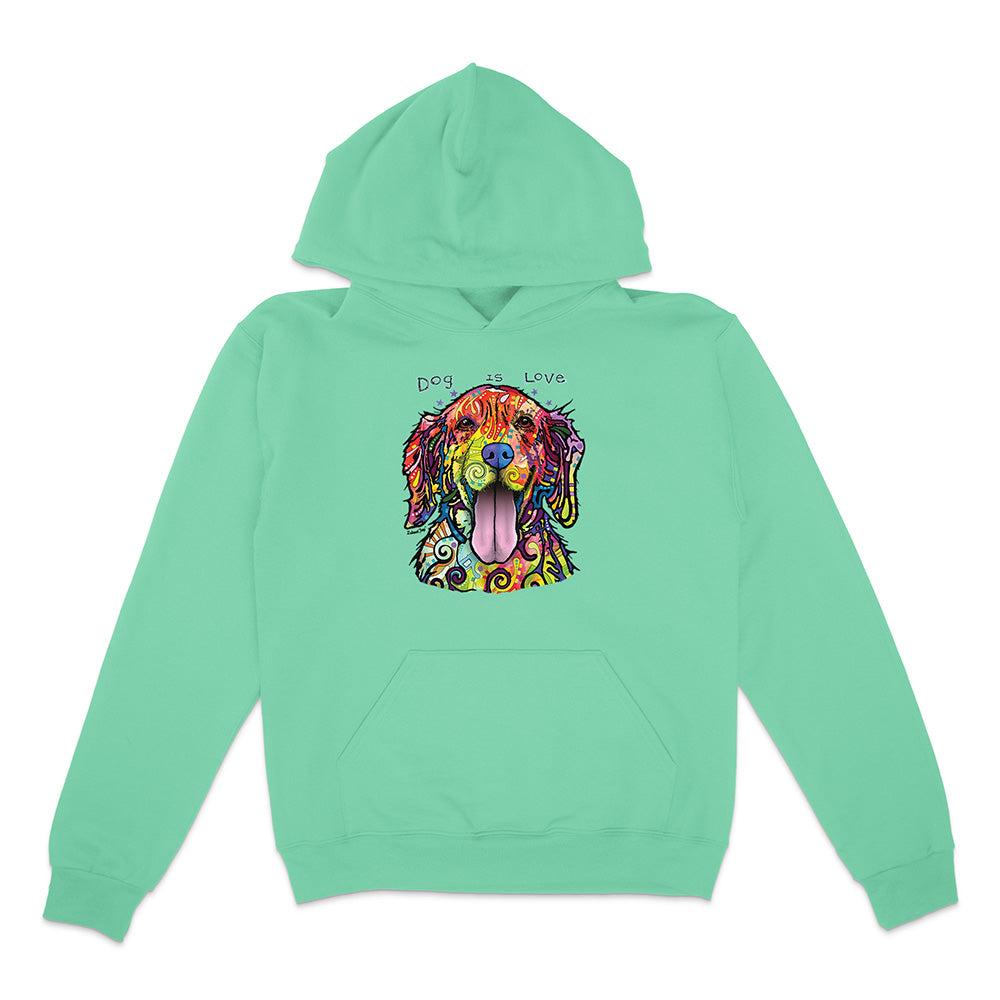 Mint green hoodie with a colorful dog graphic and 'Dog is Love' text on a white background