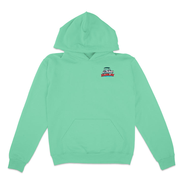 A mint green pullover hoodie with a small graphic on the left chest depicting a green truck and the word 'SILKRY' in red and white, displayed on a clean white background.