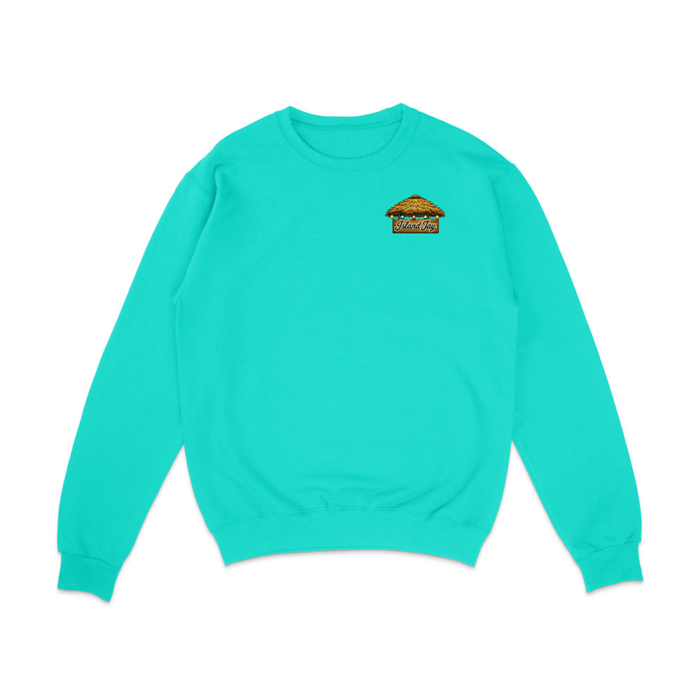 A turquoise crewneck sweatshirt with a small graphic of a hamburger on the left chest, displayed flat against a solid white background.