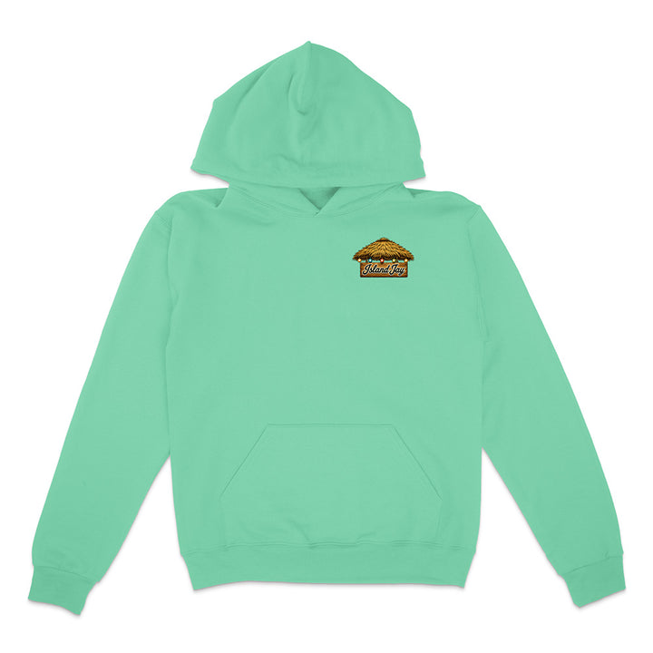 A turquoise blue pullover hoodie with a small colorful graphic on the left chest, displayed flat against a plain white background.
