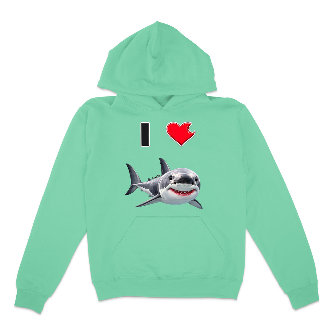 A mint hoodie with a graphic print on the front showing a black and white shark below a red heart and the text 'I' in black, displayed on a solid white background.