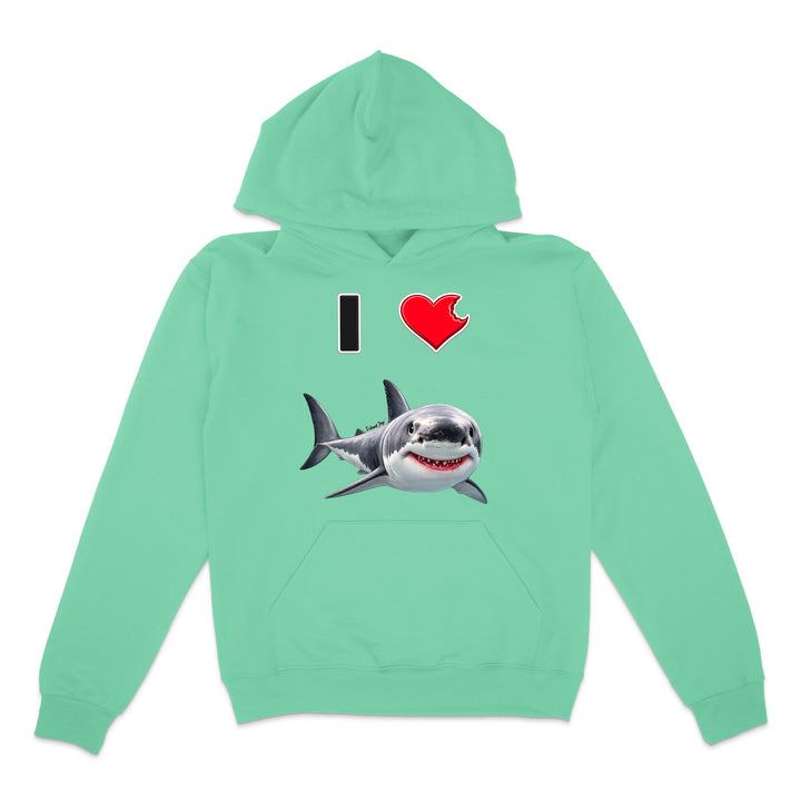 A mint hoodie with a graphic print on the front showing a black and white shark below a red heart and the text 'I' in black, displayed on a solid white background.
