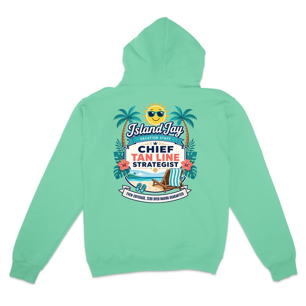 A mint green hoodie shown from the back, featuring a colorful graphic print with palm trees, a smiling sun wearing sunglasses, a beach chair, and text that reads 'IslandJays' and 'CHIEF TAN LINE STRATEGIST'.