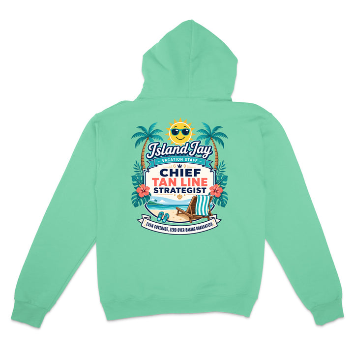 A mint green hoodie shown from the back, featuring a colorful graphic print with palm trees, a smiling sun wearing sunglasses, a beach chair, and text that reads 'IslandJays' and 'CHIEF TAN LINE STRATEGIST'.