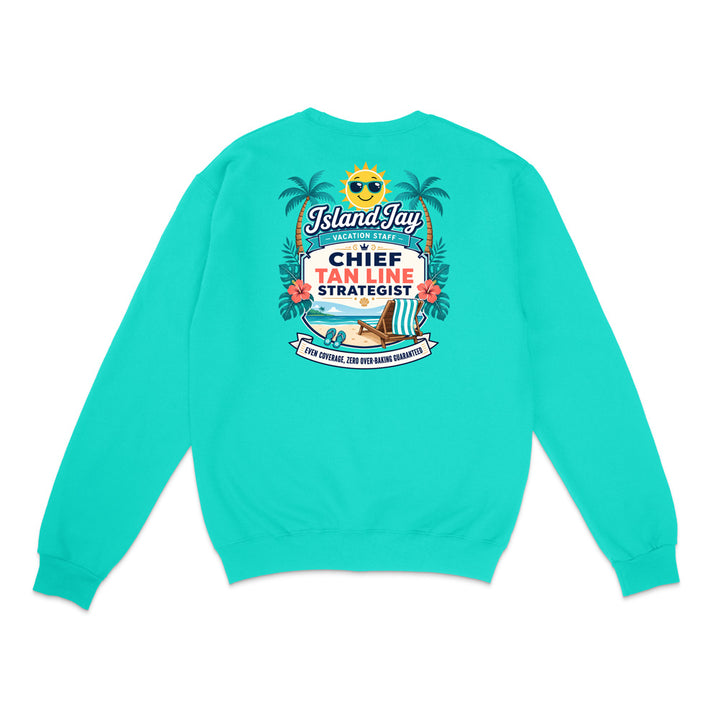 A turquoise crewneck sweatshirt shown from the back, featuring a large tropical-themed graphic print with palm trees, a yellow sun, and a beach scene with the text 'IslandJay' and 'CHIEF TAN LINE STRATEGIST'.