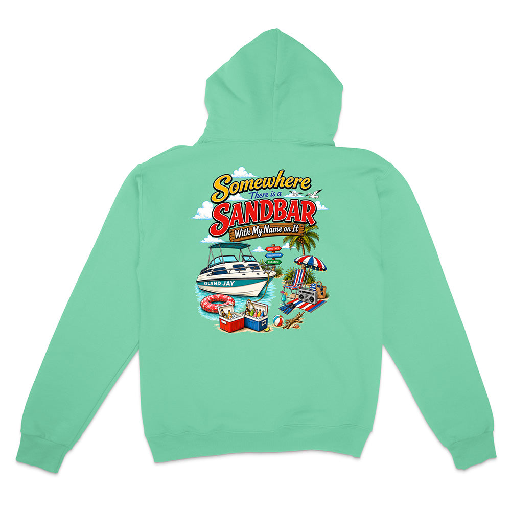 A mint green hoodie shown from the back, featuring a colorful graphic print with the text 'Somewhere in Sandbar With My Name on It' and illustrations of a boat, beach umbrella, towels, and a cooler.