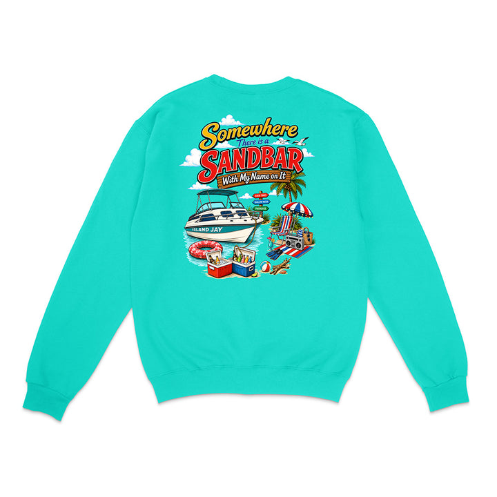 A turquoise crewneck sweatshirt shown from the back, featuring a large colorful graphic print with the text 'Somewhere I Sandbar With My Mums on My Back' and illustrations of a boat, beach umbrella, and pool.