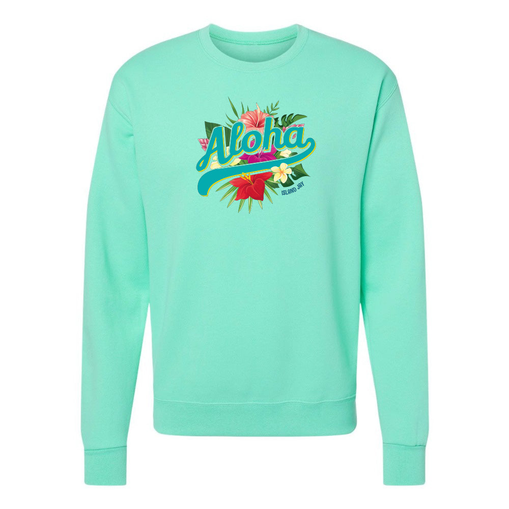 Mint green sweatshirt with 'Alloha' text and floral design on a white background