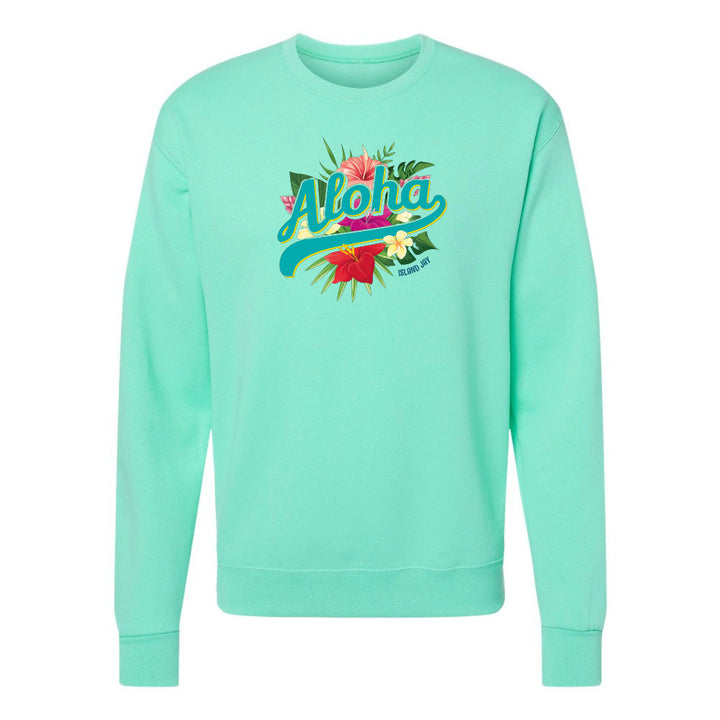 Mint green sweatshirt with 'Alloha' text and floral design on a white background