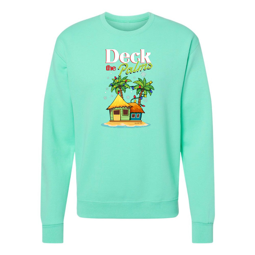 Mint Green sweatshirt with a tropical hut and palm tree design and graphic text reading "Deck The Palms" on a white background