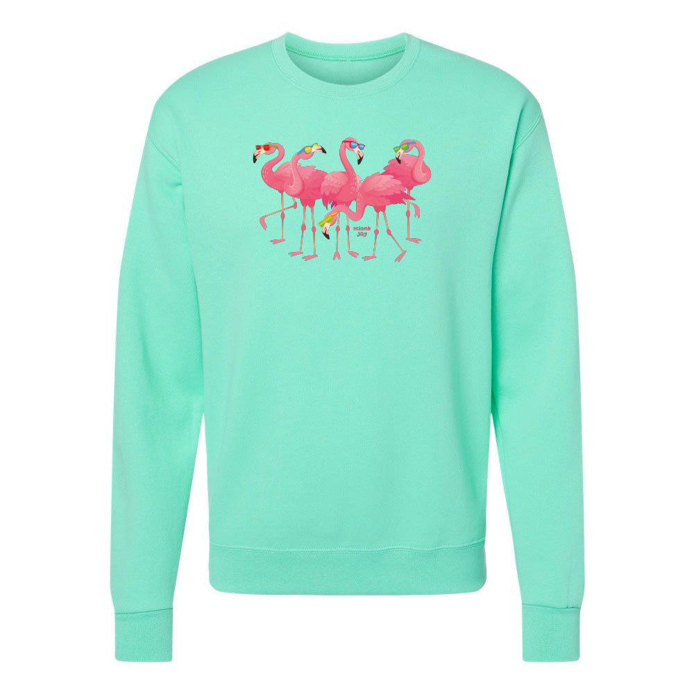 Mint green sweatshirt with pink flamingo design on a white background