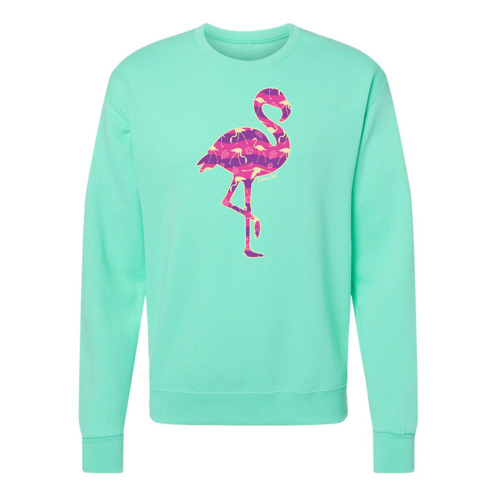 Mint Green sweatshirt with a colorful flamingo design on a white background