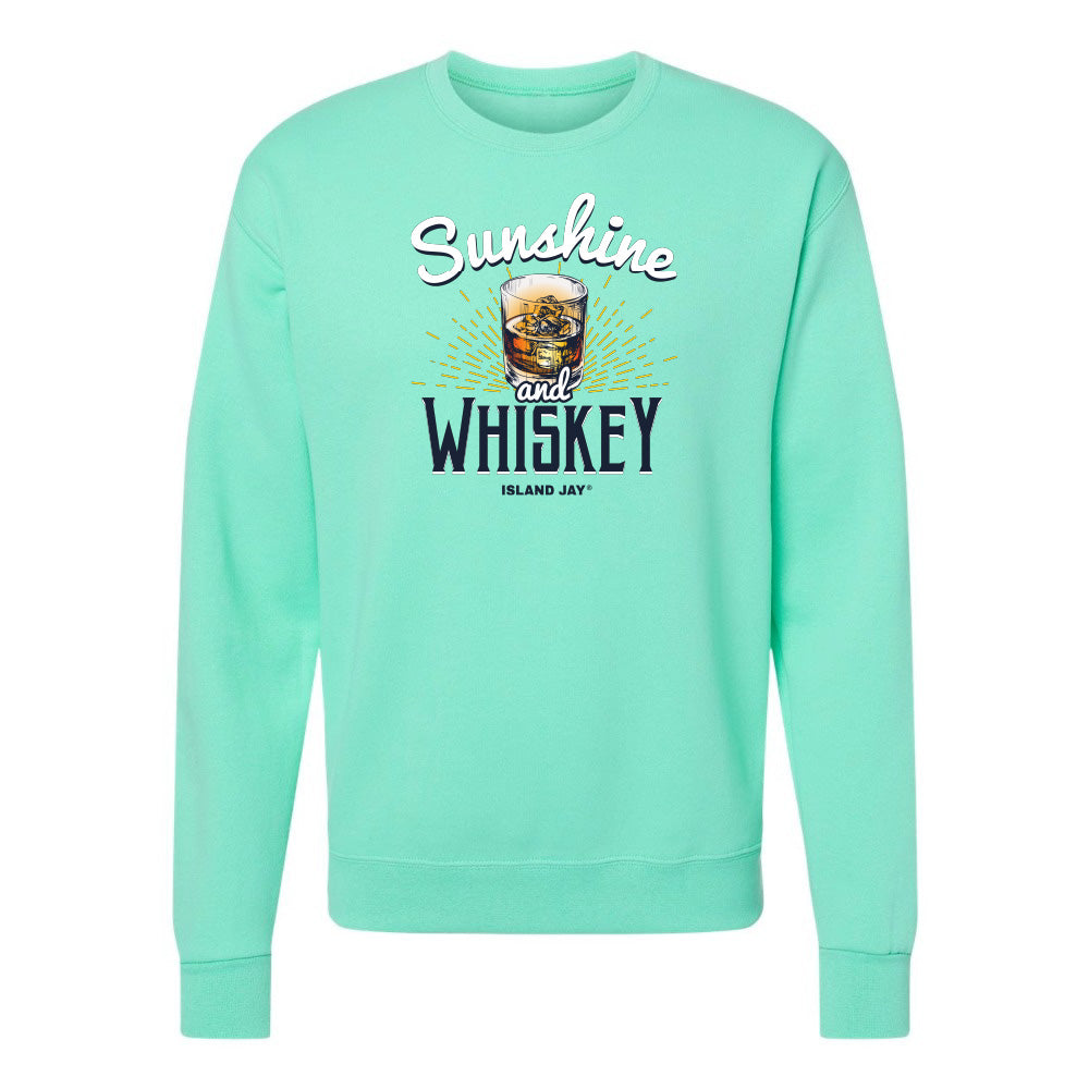 Mint green sweatshirt with 'Sunshine and Whiskey' text and graphic on a white background