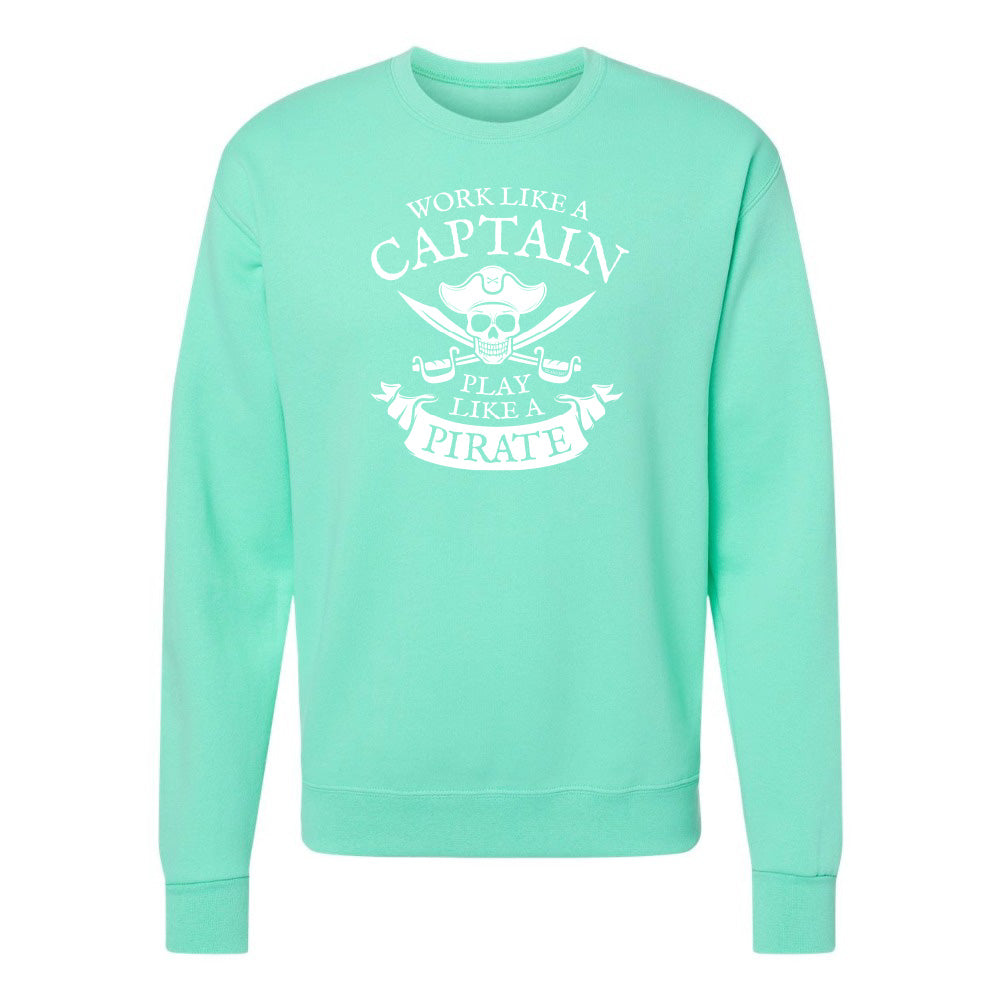 Mint green sweatshirt with white text and graphics on a white background