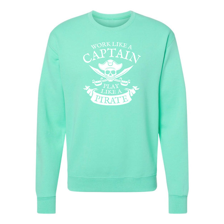 Mint green sweatshirt with white text and graphics on a white background