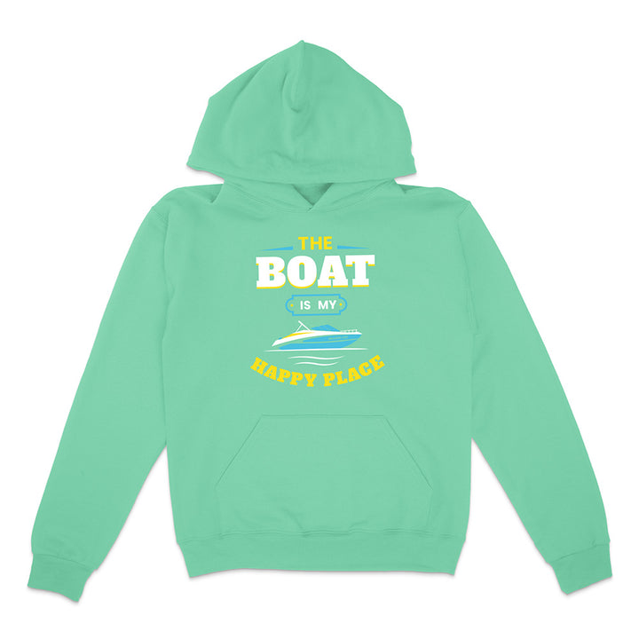 Mint green hoodie with 'The Boat is My Happy Place' text and graphic on a white background