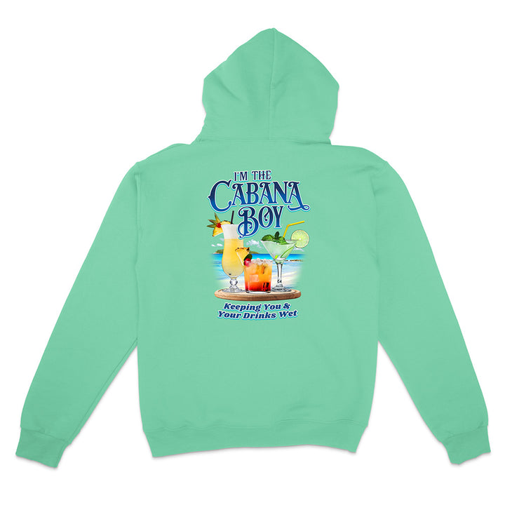 Mint green hoodie with a colorful cocktail and beach graphic and text on the back reading "I'm The cabana boy Keeping You & Your Drinks Wet", displayed on a white background.